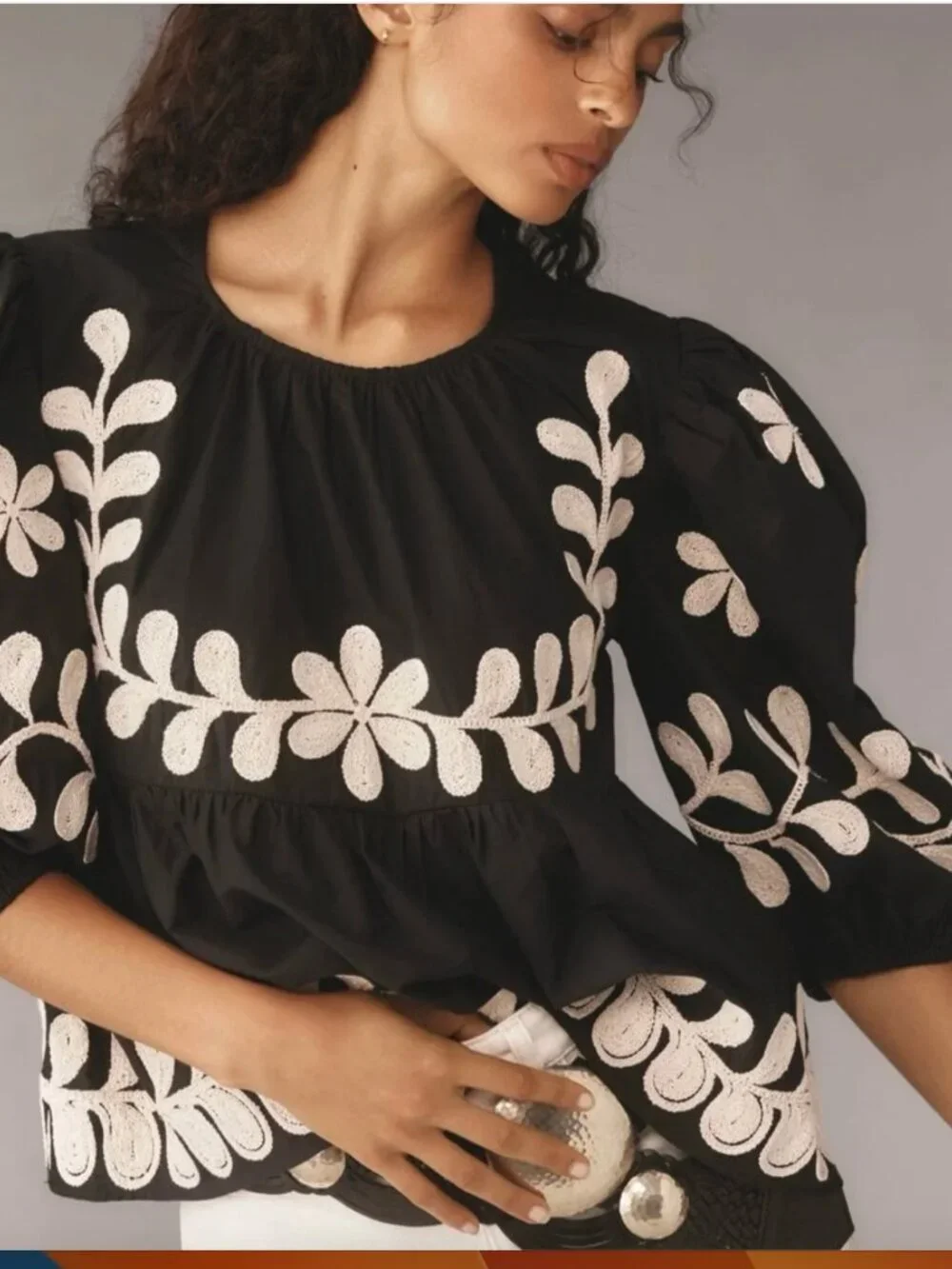 Anthropologie Black Peasant Blouse with Ivory Floral Embroidery - L - Picture 1 of 7